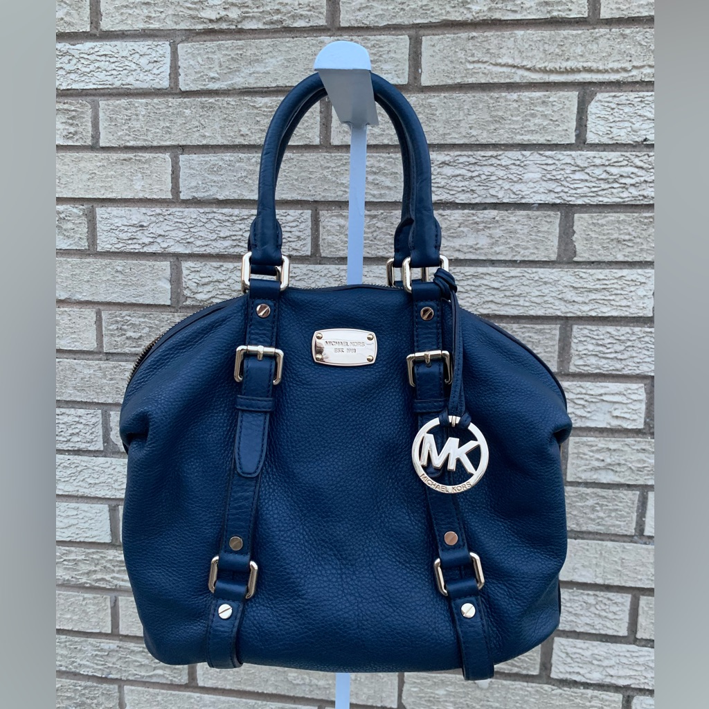 Michael Kors Belted Navy Medium Bowling Satchel Bag Blue